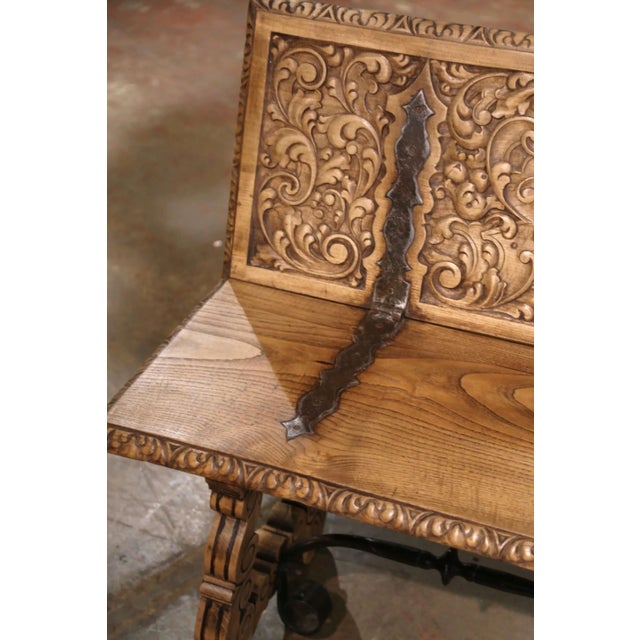 Tan 19th Century Spanish Renaissance Carved Chestnut Folding Bench With Iron For Sale - Image 8 of 12
