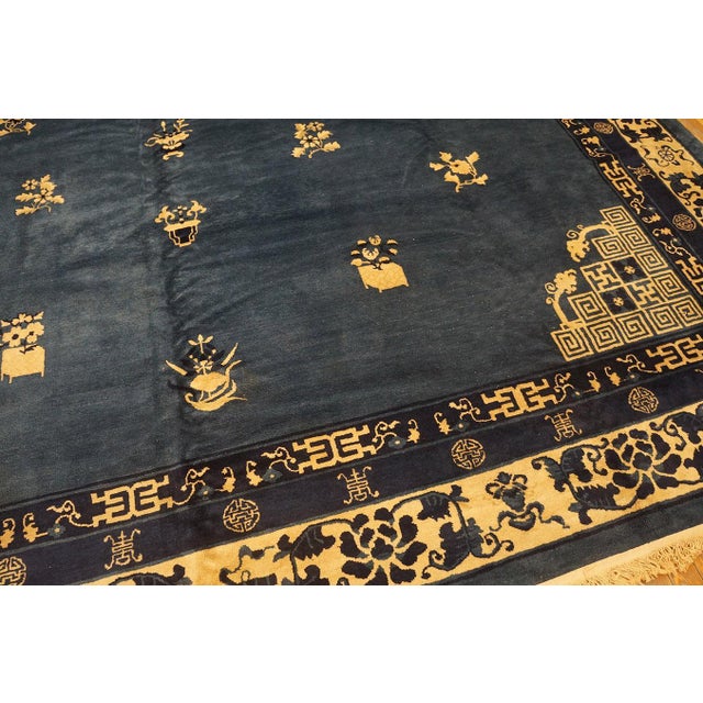 Nice Blue Background Color Refined Minimalist Design Antique Chinese Peking Rug For Sale In New York - Image 6 of 12