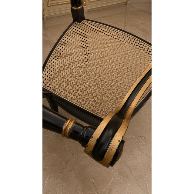 Pair of Baker Furniture “Governor Alston” Regency Black & Gilt Caned Armchairs For Sale - Image 13 of 14