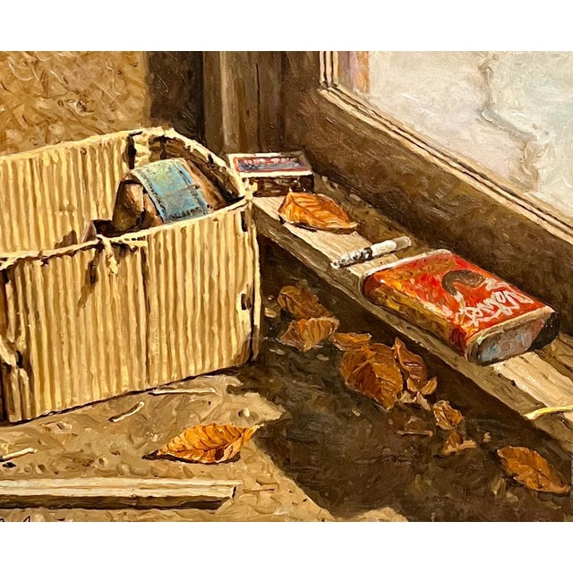 Robert Sarsony Oil on gesso and masonite board. Hand signed lower left. Labels verso give artist, title "Paper Box", year...