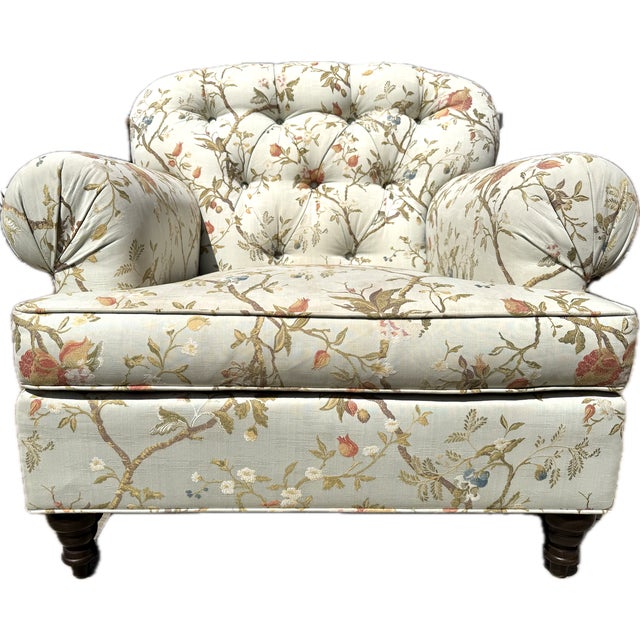 Custom Tufted Scalamandre Light Blue Floral Lounge Chair and Ottoman For Sale - Image 16 of 18