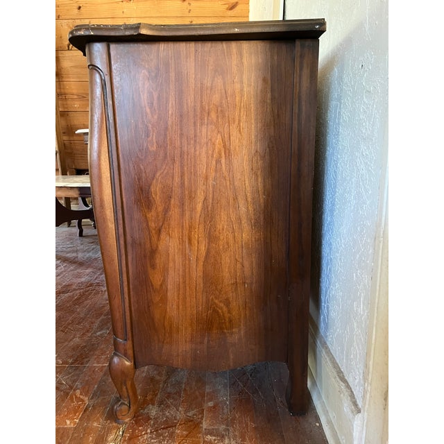 French Provincial Style Buffet Sideboard — Carved Door Panels, Ornate Brass Pulls, Silverware Drawer For Sale - Image 12 of 15