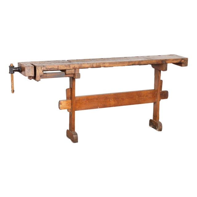 Early 20th Century Rustic Narrow Carpenters Workbench Console Table For Sale