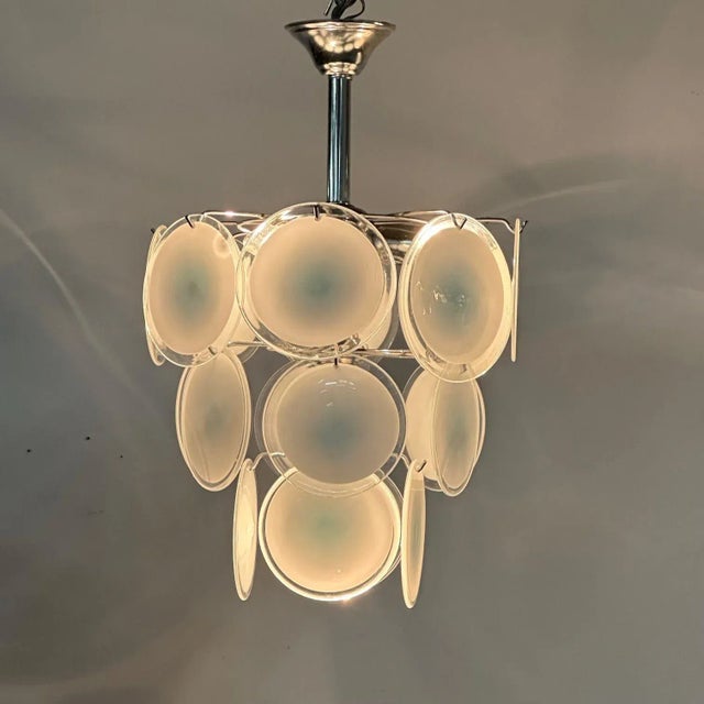 Mid-Century Modern Style Small White Murano Glass Disk Chandeliers / Pendants For Sale - Image 9 of 10