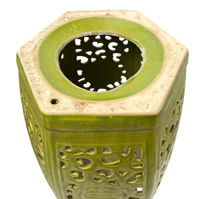 Mid Century Hexagonal Avocado Green Garden Stool For Sale - Image 4 of 9