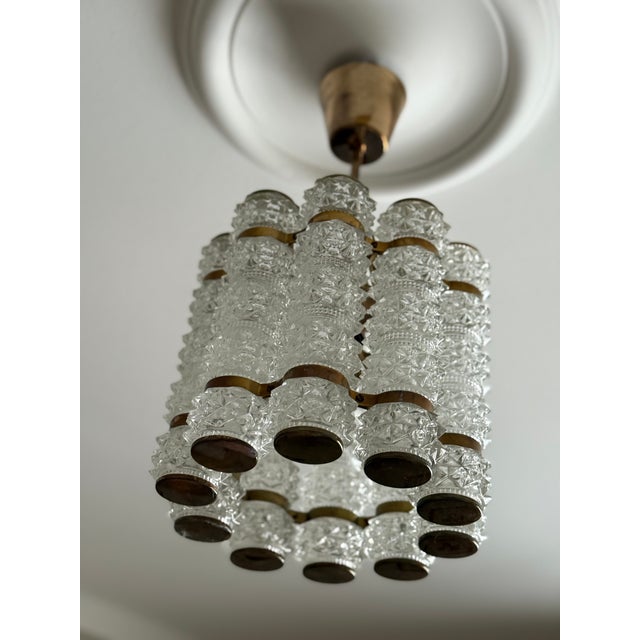 Small Crystal & Brass Cylinder Chandelier by Orrefors for Tyringe, Sweden, 1960s For Sale - Image 10 of 10