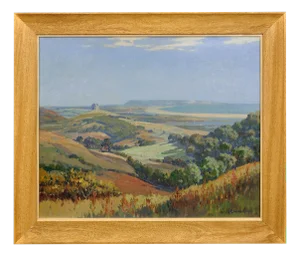 Joseph Hennah, Abbotsbury Hill View, Chesil Beach & Portland, St Catherine's Chapel & the Fleet, Oil Painting, 1950s, Framed