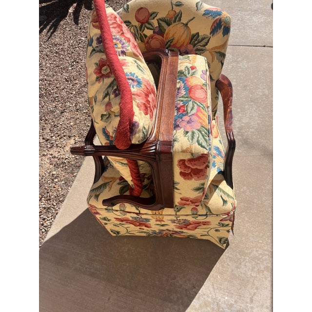 Wood Vintage Antoinette Tropical Floral Lounge / Library Chair With Ottoman For Sale - Image 7 of 11