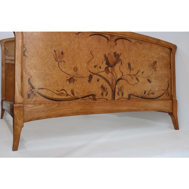 Brown Antique Art Nouveau Bed with Inlaid Marquetry Decorative Floral Design, 1890s For Sale - Image 8 of 16