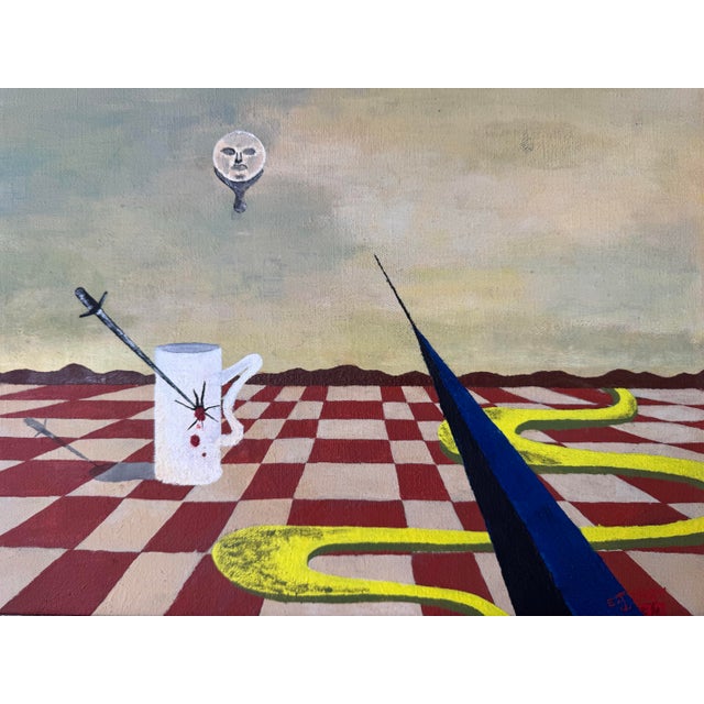 1970s 1977 E. J. Troy Surrealist-Style Oil on Canvas Painting, Framed/ Sold For Sale - Image 5 of 11