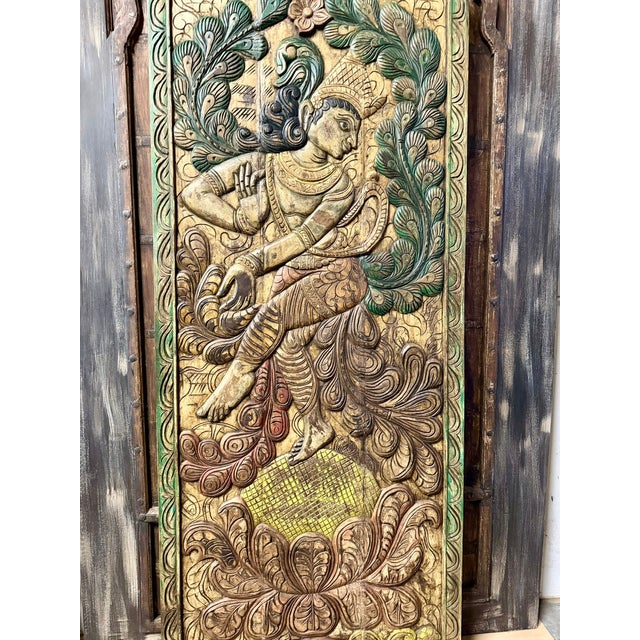 Vintage Colorful Dancing Krishna Carved Wood Door – Handcrafted Indian Art Wall Panel 83x36 For Sale In Orlando - Image 6 of 8