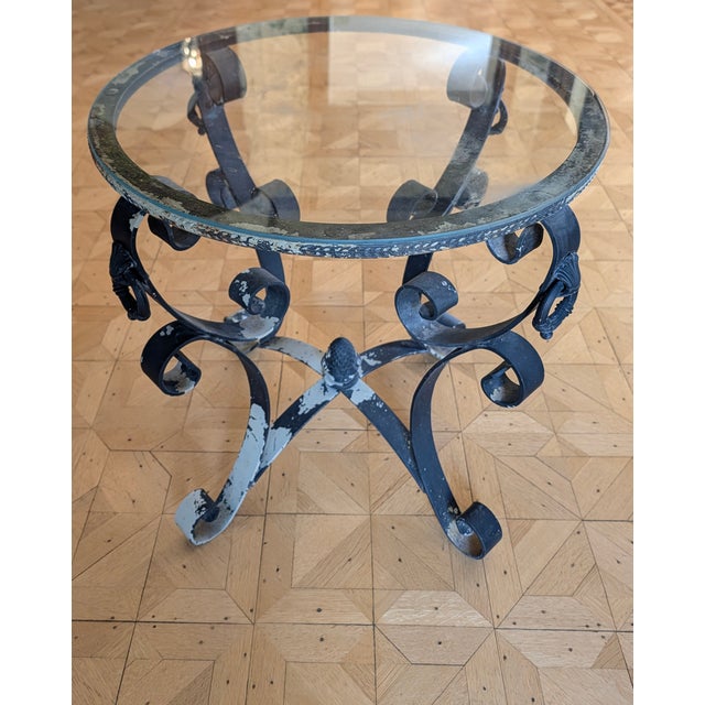 Spanish Revival Vintage Distressed Wrought Iron & Glass Garden Side Table For Sale - Image 3 of 9
