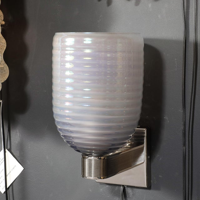 Metal Modernist Hand-Blown Smoked Cerulean Hive Murano Glass & Nickel Fitted Sconces For Sale - Image 7 of 12