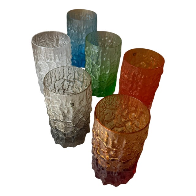 Italian Textured Bark Glasses in the style of Geoffrey Baxter, 1960s, Set of 6 For Sale