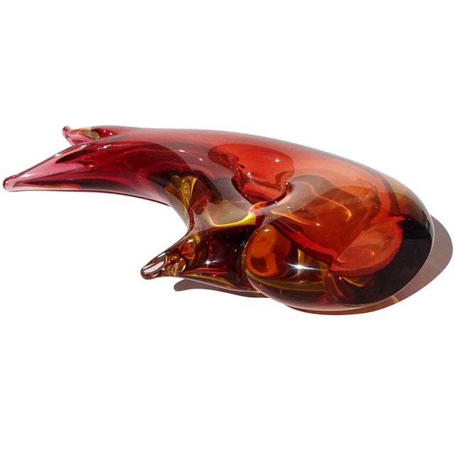 Raspberry Red Murano Vintage Abstract Sommerso Red Yellow Orange Italian Midcentury Art Glass Flower Vase For Sale - Image 8 of 8