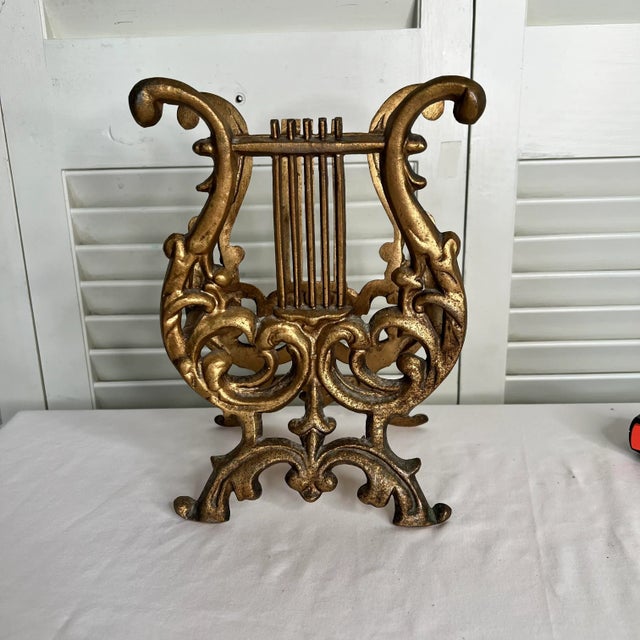 Vintage Gilt Metal Music Lyre Mail Holder or Magazine Rack For Sale - Image 4 of 7