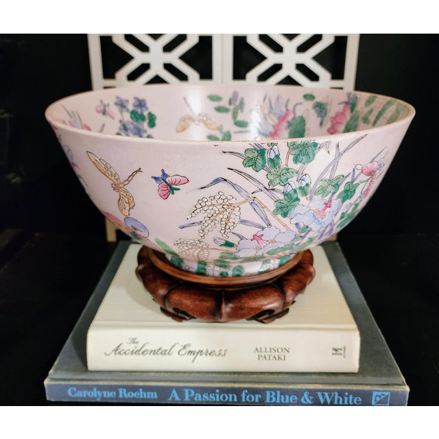 Mid 20th Century Mid 20th Century Large Chinese Famille Rose Porcelain Bowl With Birds, Lotus & Butterflies on Carved Wood Stand For Sale - Image 5 of 13