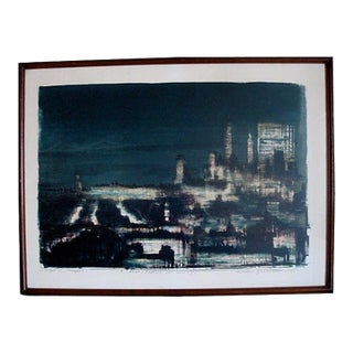 1965 Original Abstract Lithograph New York City Night Skyline For Sale