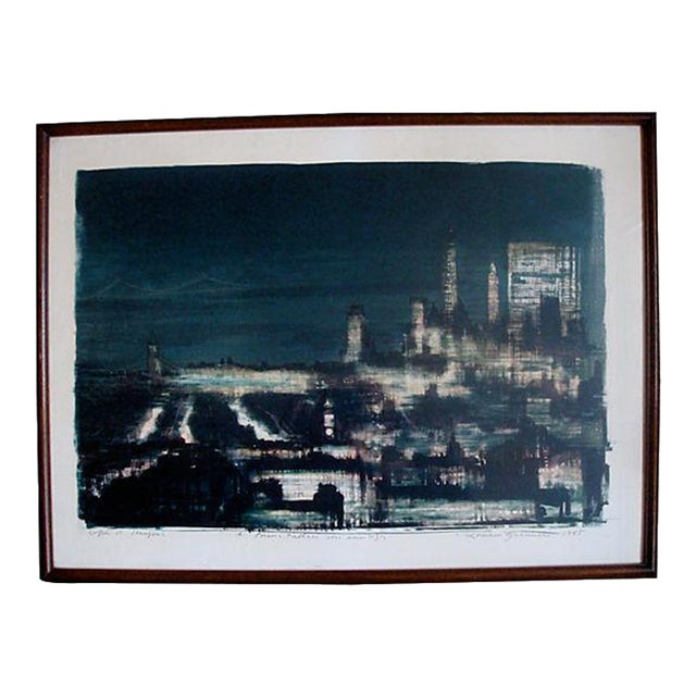 1965 Original Abstract Lithograph New York City Night Skyline For Sale