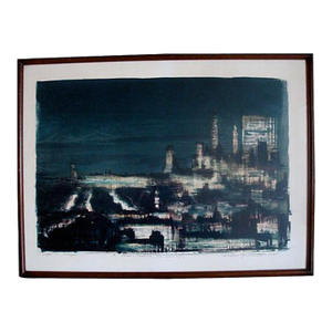 1965 Original Abstract Lithograph New York City Night Skyline