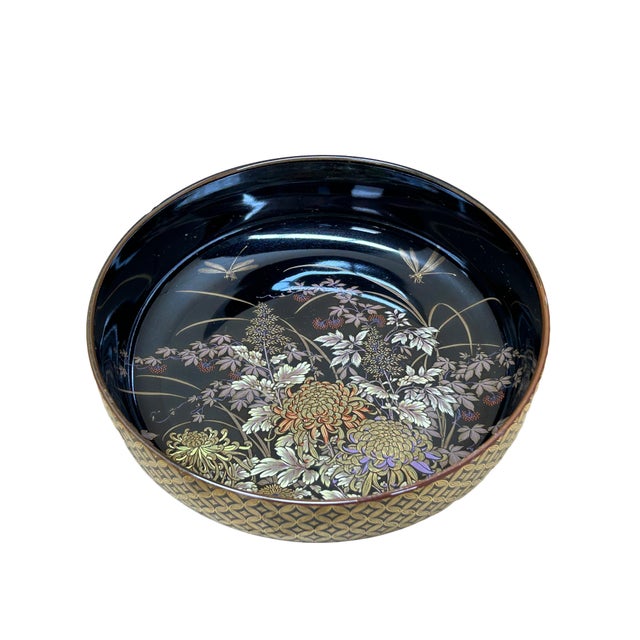 Asian 9" Oriental Black Glaze Porcelain Flat Bowl Golden Flower Graphic For Sale - Image 3 of 7