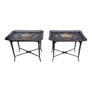 Regency Style Italian Faux Bamboo Tole Painted Tray Coffee Side Tables - Pair For Sale