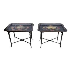 Regency Style Italian Faux Bamboo Tole Painted Tray Coffee Side Tables - Pair