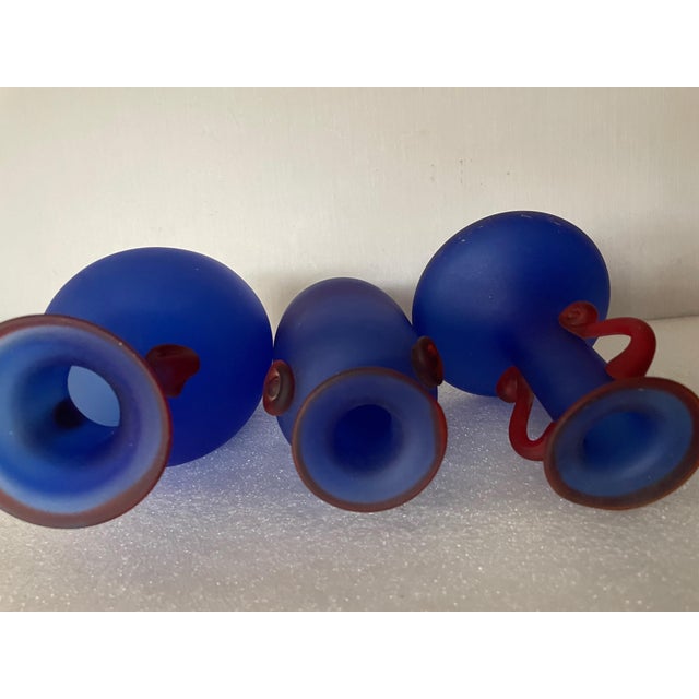 Glass Satin Blue Vases from Franco Moretti, 1990s, Set of 3 For Sale - Image 7 of 8