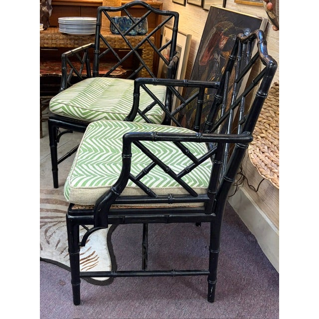 Wood Mid Century Chinese Chippendale Chairs With Quadrille Fabric Cushions, a Pair For Sale - Image 7 of 11