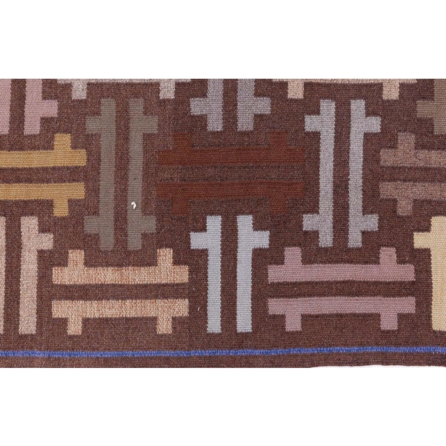 Swedish Flat Woven Runner Circa: 1955 Size: 2'9" × 8'9" (83 × 266 cm) Age: Vintage Color: Blue, Brown, Taupe, Yellow...