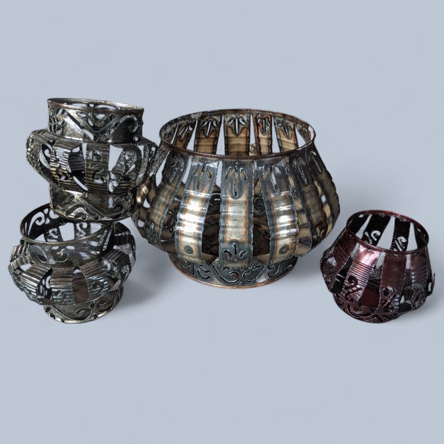 A set of 4 Tramp Style Folk Art Torched Metal Candle Holder Luminaries / Succulent Planters created from Tin Cans! Could...