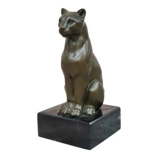 Panther Puma Cougar Cat Bronze Sculpture Statue Figure on Marble Base For Sale