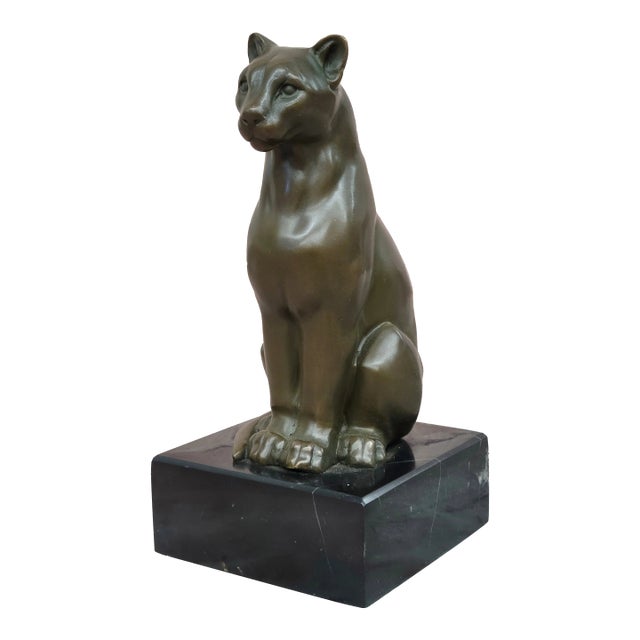 Panther Puma Cougar Cat Bronze Sculpture Statue Figure on Marble Base For Sale