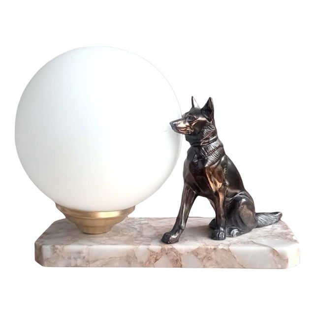 Vintage German Shepherd Table Lamp with Opaline Glass Globe from Tedd, 1930s For Sale