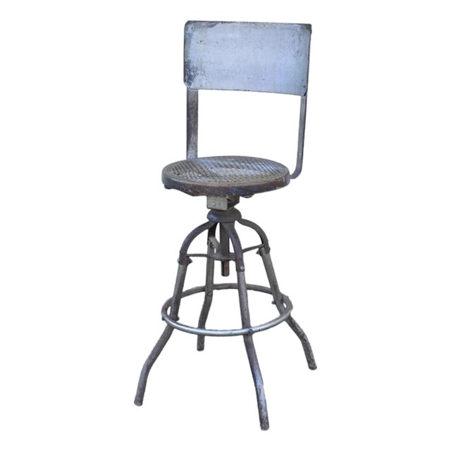 Antique American Industrial Metal Drafting Work Stool With Oak and Cane Seat For Sale