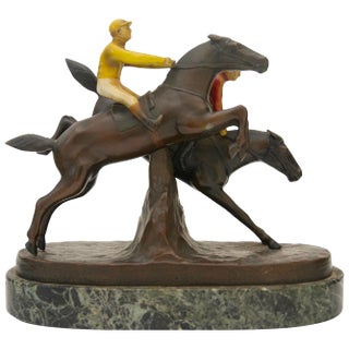 English Steeple Chase Sculpture Hans Harders Polychrome Bronze Horse Race For Sale