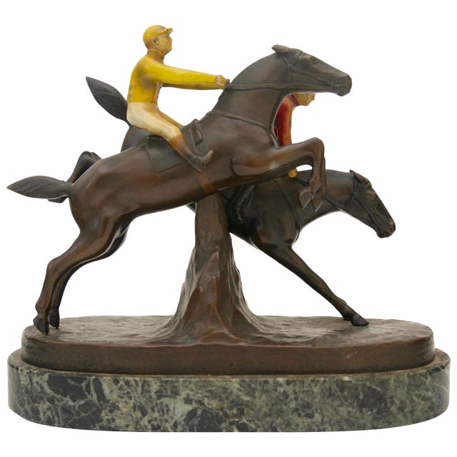 English Steeple Chase Sculpture Hans Harders Polychrome Bronze Horse Race For Sale
