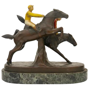 English Steeple Chase Sculpture Hans Harders Polychrome Bronze Horse Race