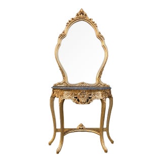 1920 French Artisan Louis XVI Gold Marble Console With Mirror Set - 2 Pc For Sale