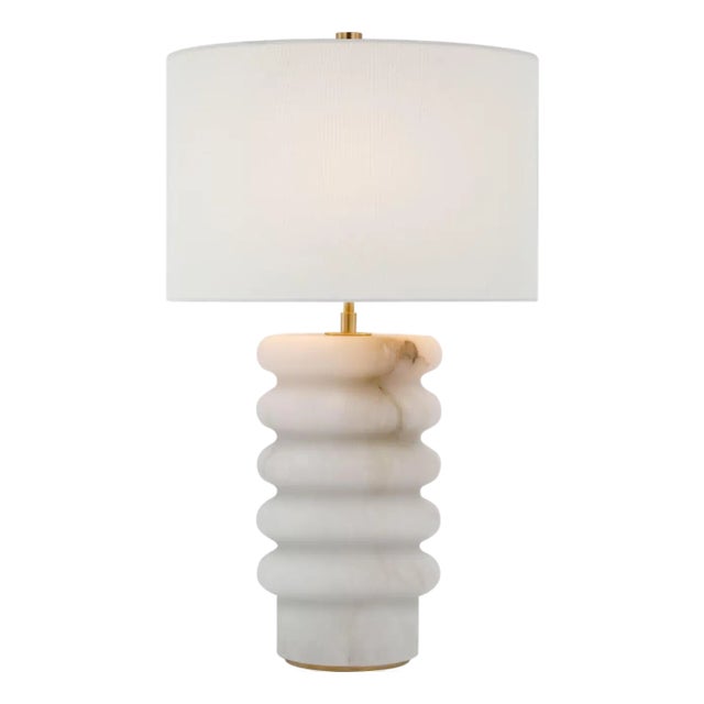 Kelly Wearstler by Visual Comfort Signature Onda Medium Table Lamp in Alabaster with Linen Shade For Sale