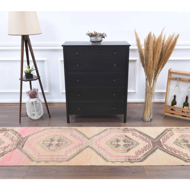 Shabby Chic Vintage Turkish Hand-Knotted Wool Cotton Beige Runner For Sale - Image 3 of 9