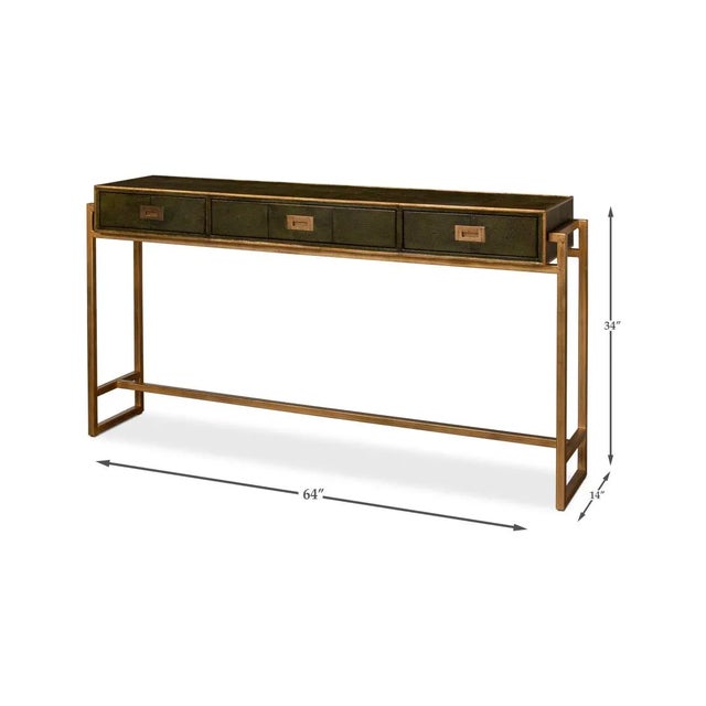 Modern Campaign Green Leather Wrapped Console Table For Sale - Image 10 of 11