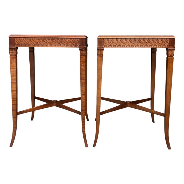 Pair of Vintage Mahogany End Tables With Leather Inset Tops | Neoclassical Style | Nightstands For Sale