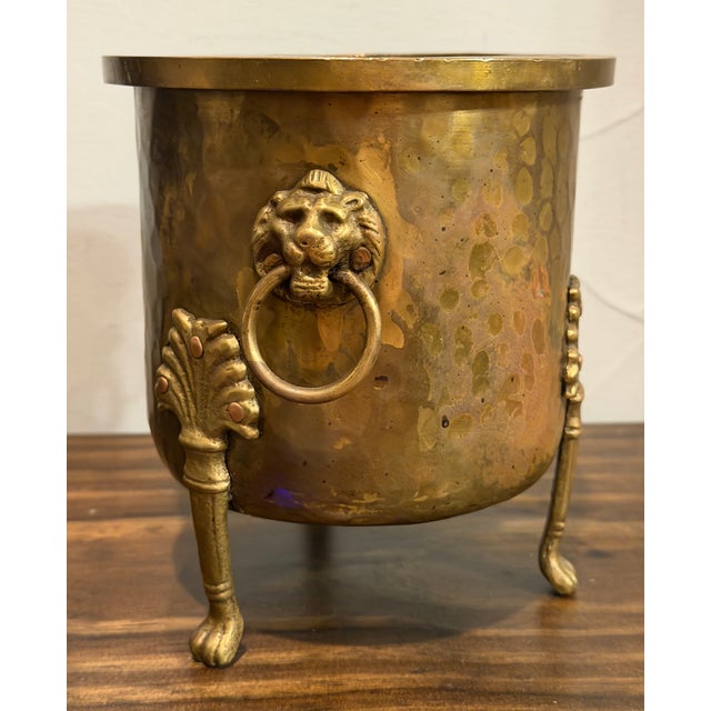 Brass Antique Imperial Russian Tula Hammered Brass Jardinière With Lion Masks, C. 1900 For Sale - Image 8 of 16