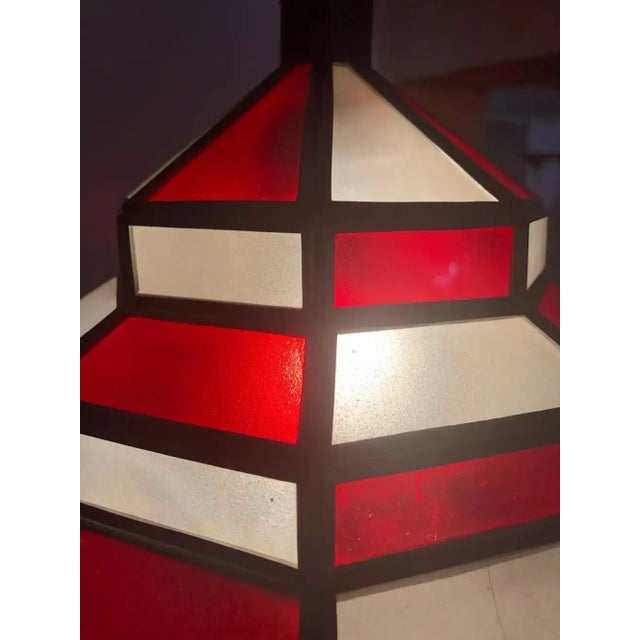 1990s Art Deco-Style White Milk & Red Glass & Bronze Chandelier, Pendant or Lantern For Sale - Image 17 of 18