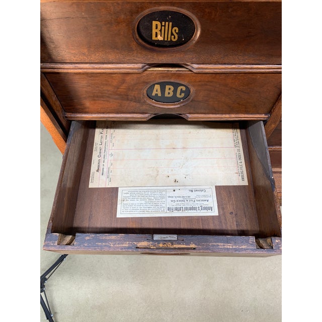 Antique Walnut Tabletop Amberg's Cabinet Letter File With Roll Up Tambor Door For Sale - Image 10 of 18