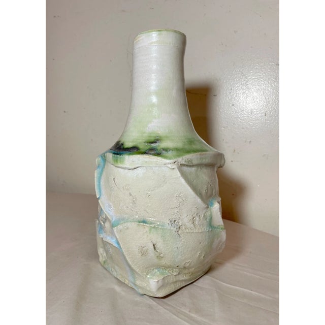 Vintage Handmade Studio Green White Brutalist Signed Art Pottery Vase Sculpture For Sale - Image 11 of 13