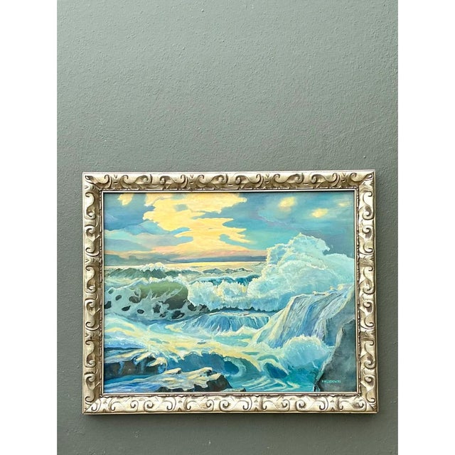This vintage seascape oil painting on canvas captures the raw drama of surf breaking against a rocky shoreline, rendered...