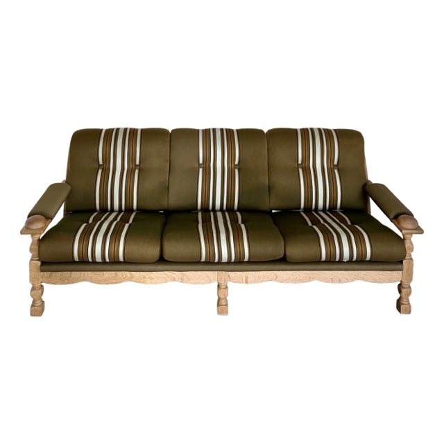 Scalloped Carved Turned Danish Oak Henning Kjærnulf Style Sofa Couch Olive Wool For Sale