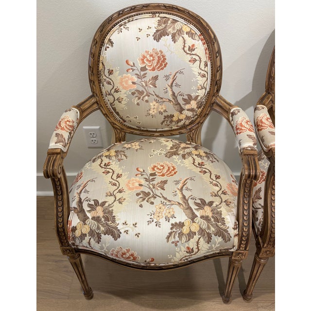 Silver Vintage Louis XVI Style Carved Wood Fauteuil Armchairs in Floral Chinoiserie Upholstery - A Pair For Sale - Image 8 of 18